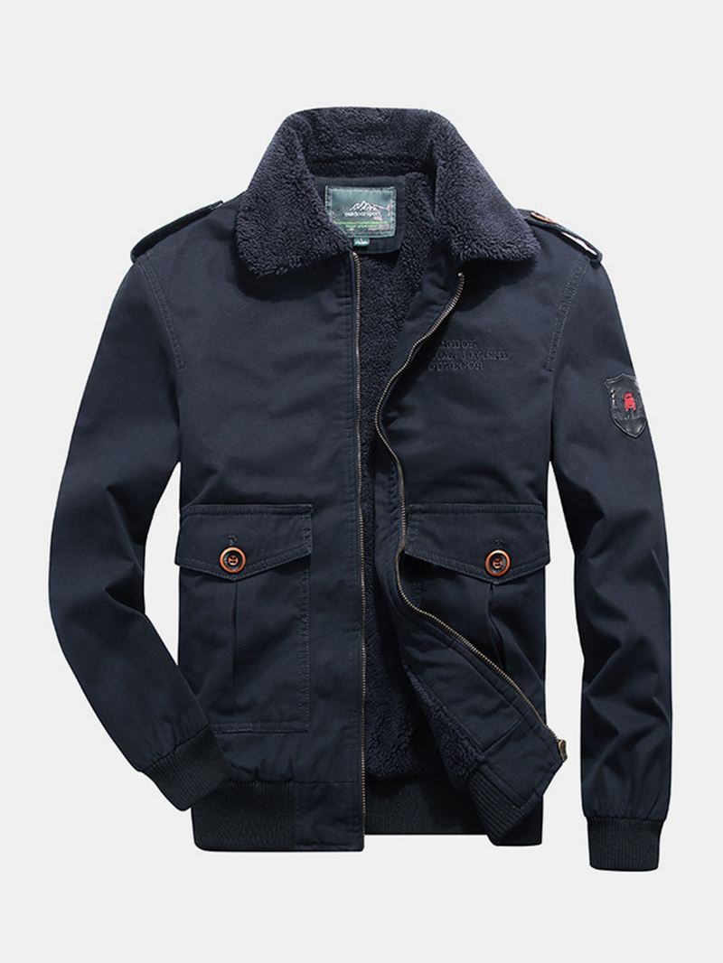 Herre Lynlås Brev Broderi Badge Sherpa Foret Tyk Revers Casaul Jakke