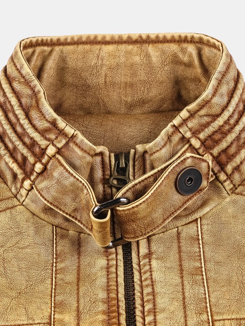 Herre Multi-pocket Stand Collar Pu Læder Vintage Jakke