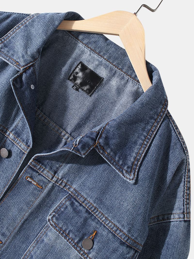 Herre Nødlidende Flap Lomme Lapel Langærmet Bomuld Denimjakke