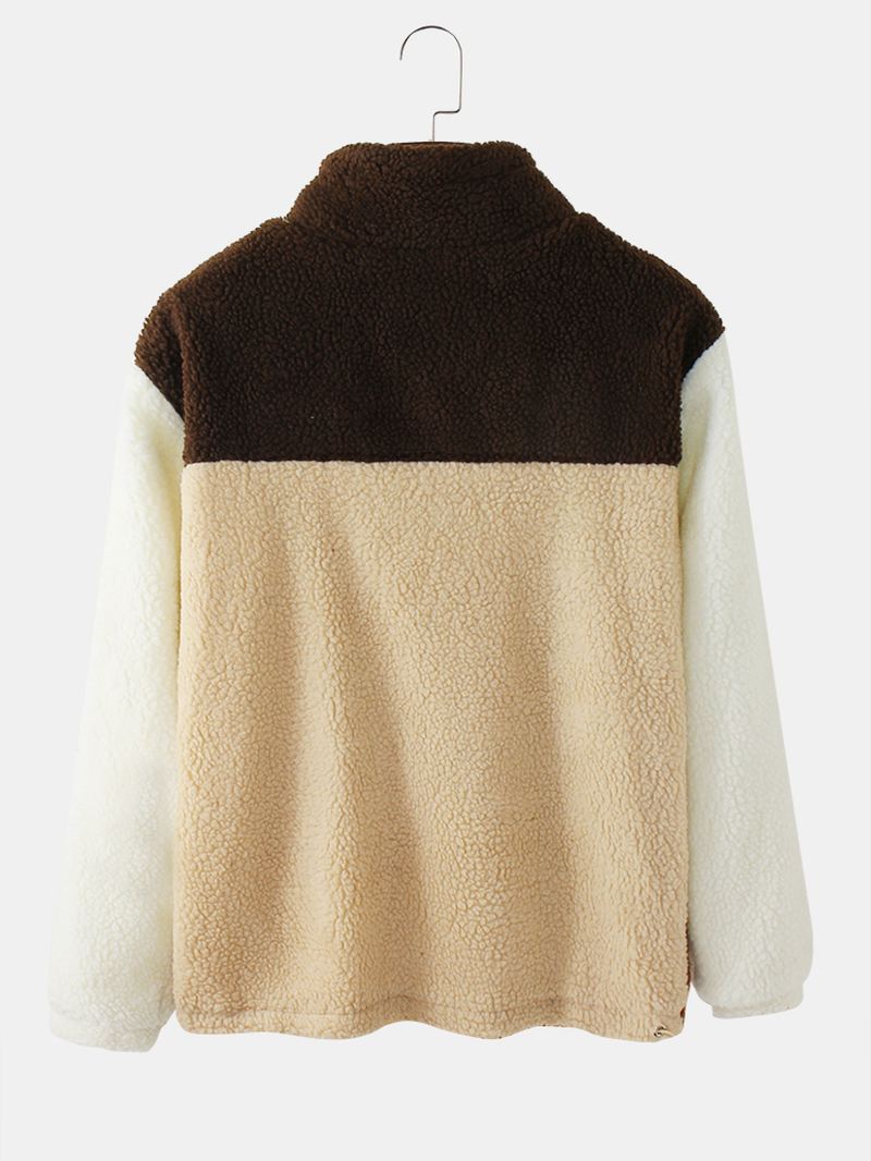 Herre Patchwork Pocket Plys Langærmet Teddyjakke Med Lynlås
