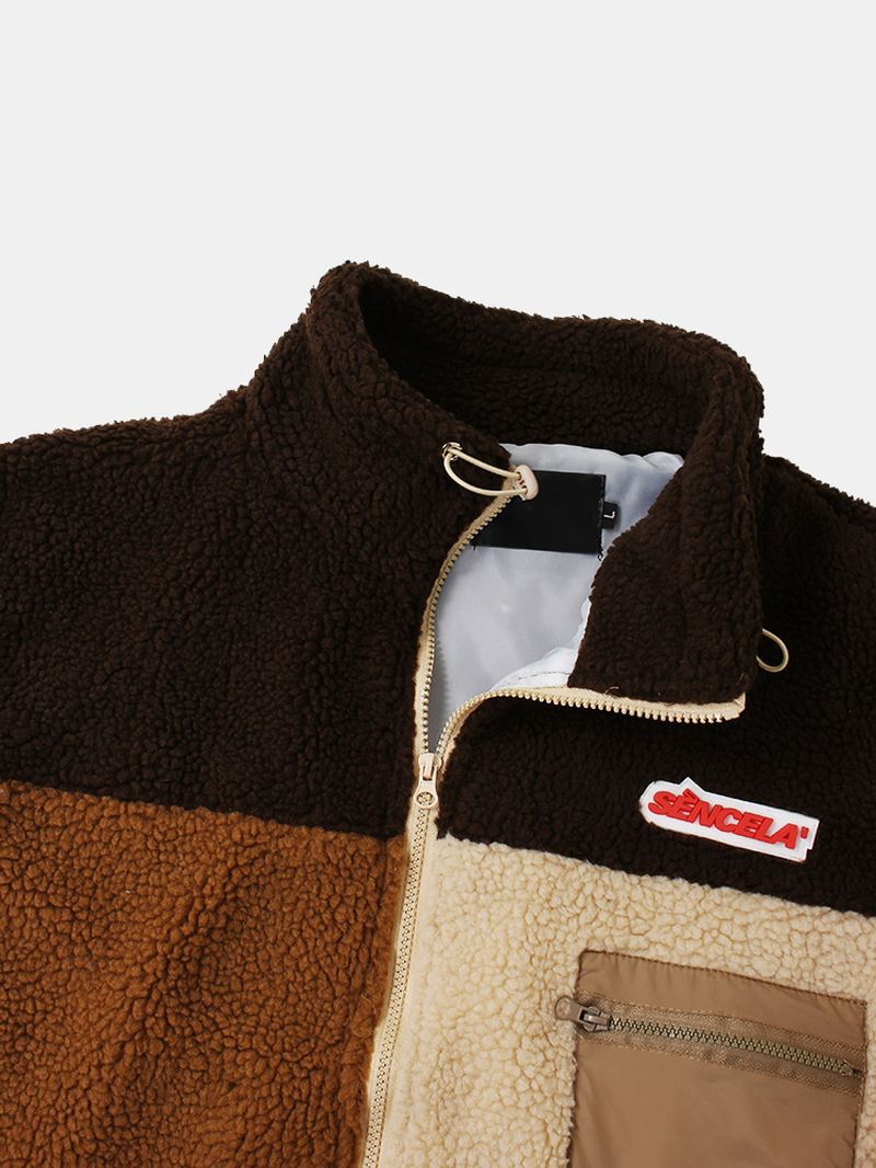 Herre Patchwork Pocket Plys Langærmet Teddyjakke Med Lynlås