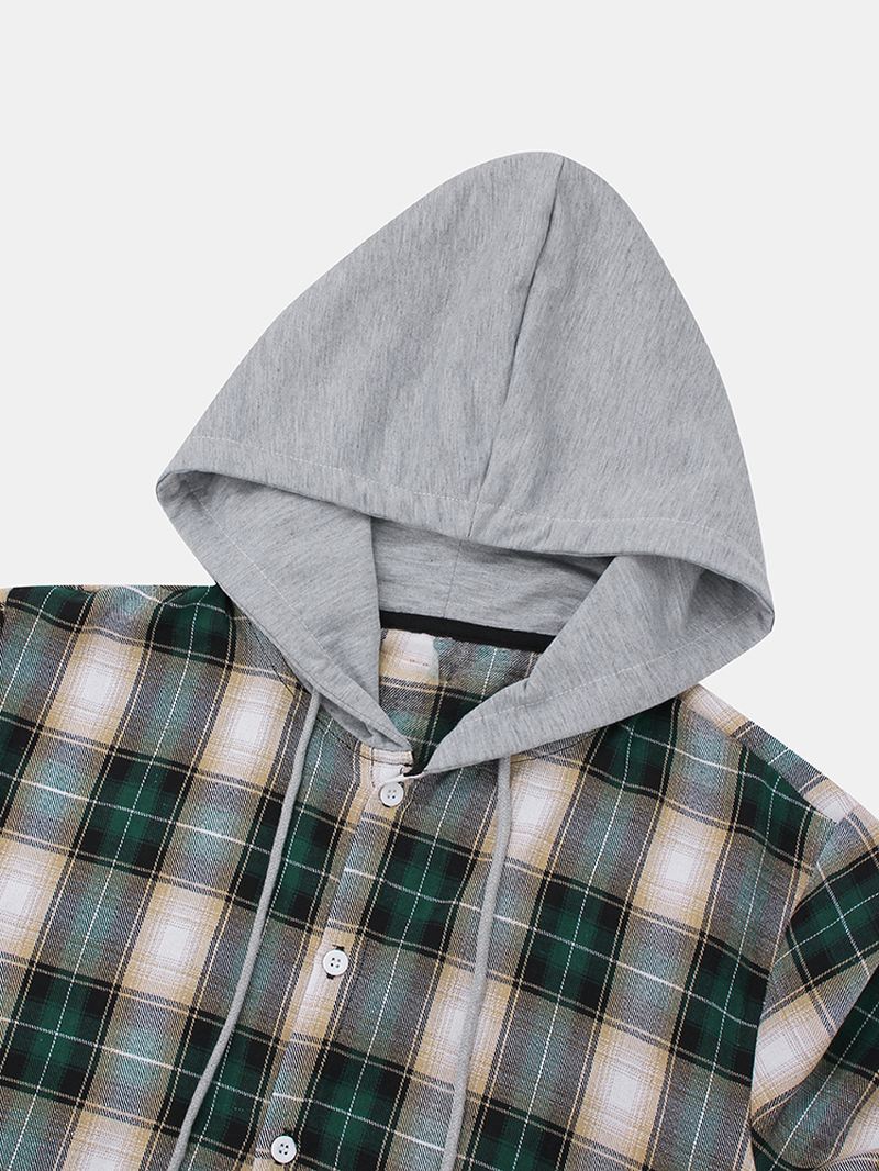 Herre Plaid Buet Kant Langærmet Afslappet Pasform Hættetrøjer Med Snøre