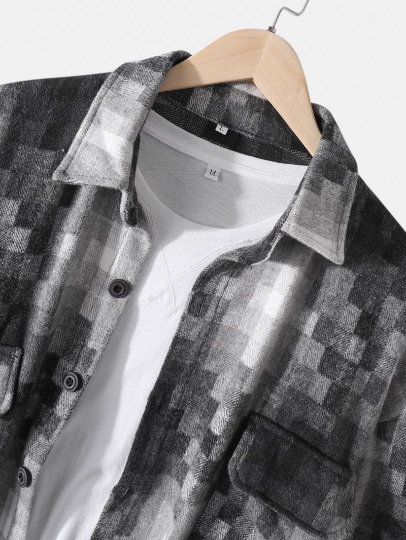 Herre Plaid Button Up Lapel Bomuld Dobbelt Pocket Loose Overshirt
