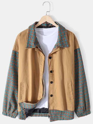 Herre Plaid Patchwork Drop Shoulder Slant Pocket Langærmet Jakke