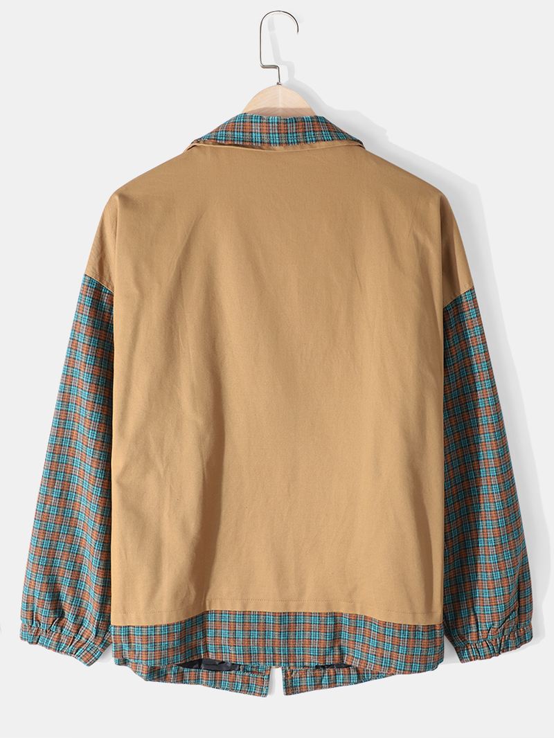 Herre Plaid Patchwork Drop Shoulder Slant Pocket Langærmet Jakke