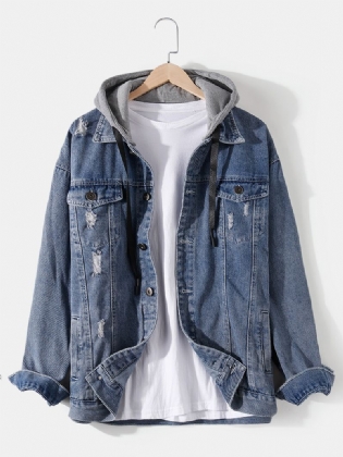 Herre Ripped Letter Sleeve Med Tryk Bomuld Outdoor Stilfuld Denimjakke Med Hætte