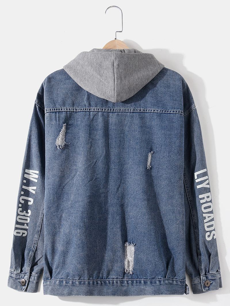 Herre Ripped Letter Sleeve Med Tryk Bomuld Outdoor Stilfuld Denimjakke Med Hætte
