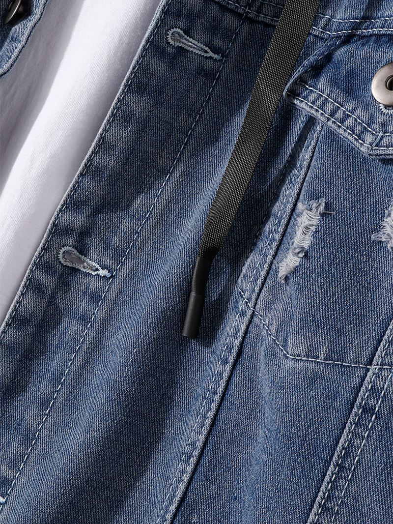 Herre Ripped Letter Sleeve Med Tryk Bomuld Outdoor Stilfuld Denimjakke Med Hætte