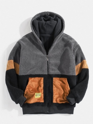 Herre Sherpa Fleece Patchwork Zip Up Bomuld Casual Hættejakke Med Lomme