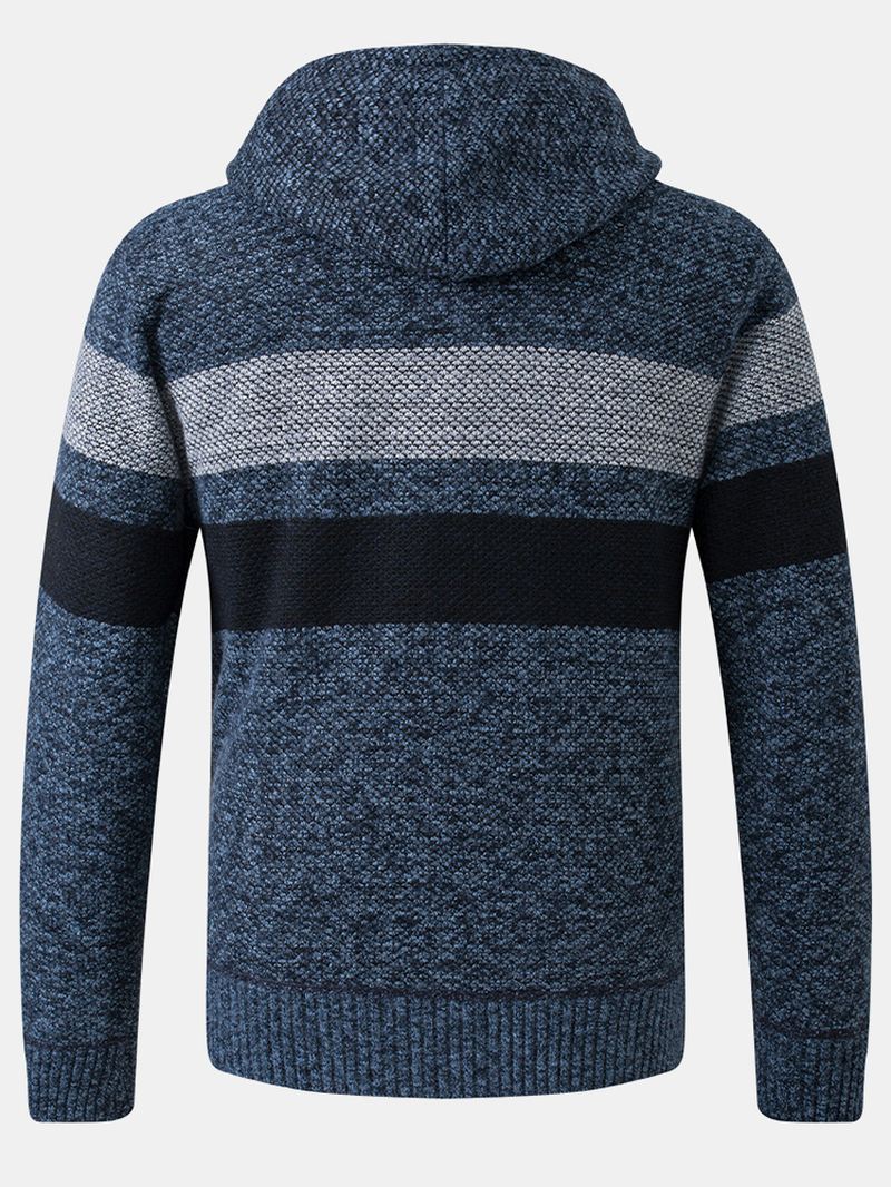 Herre Stripe Colorblock Lynlås Tyk Varm Strikketrøje Hættejakke