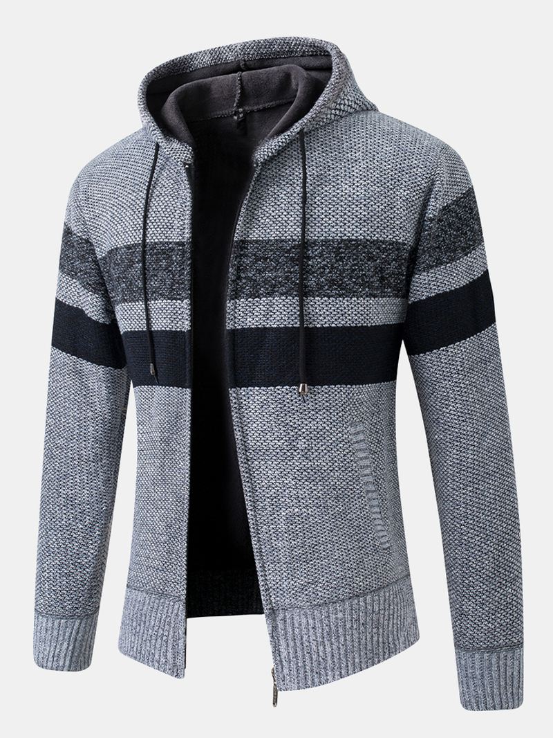 Herre Stripe Colorblock Lynlås Tyk Varm Strikketrøje Hættejakke