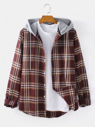 Herre Tartan Button Up Langærmet Buet Kant Loose Fit Hættejakke Med Snøre