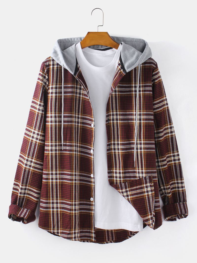 Herre Tartan Button Up Langærmet Buet Kant Loose Fit Hættejakke Med Snøre