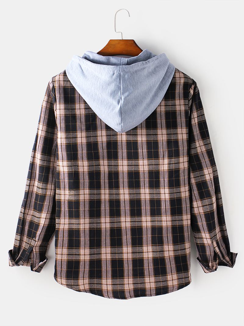 Herre Tartan Button Up Langærmet Casual Løs Hættejakke Med Snoretræk