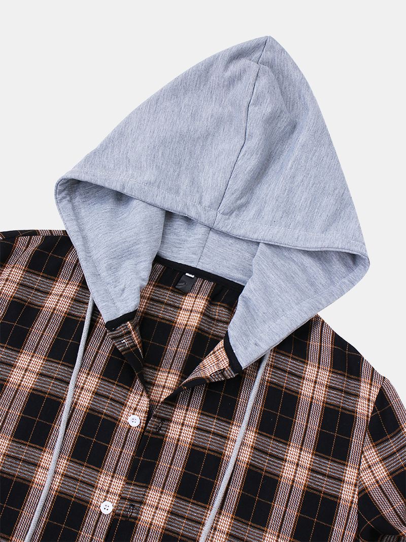 Herre Tartan Button Up Langærmet Casual Løs Hættejakke Med Snoretræk