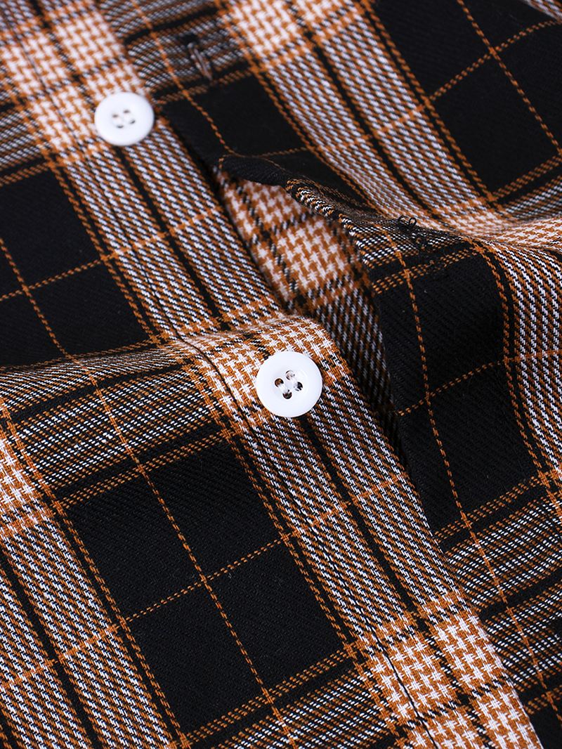Herre Tartan Button Up Langærmet Casual Løs Hættejakke Med Snoretræk
