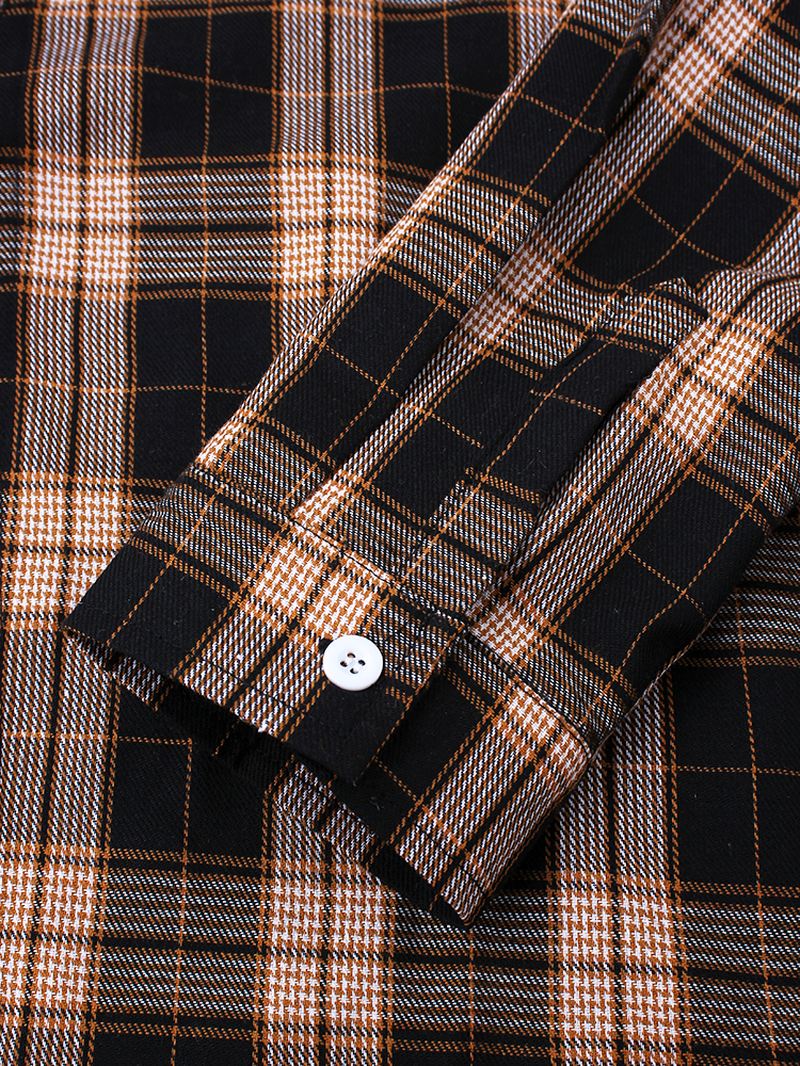 Herre Tartan Button Up Langærmet Casual Løs Hættejakke Med Snoretræk