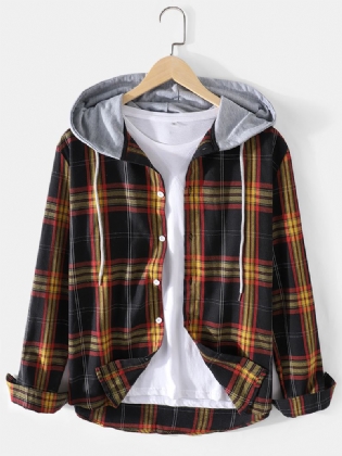 Herre Tartan Button Up Langærmet Relaxed Fit Hættejakke Med Snoretræk