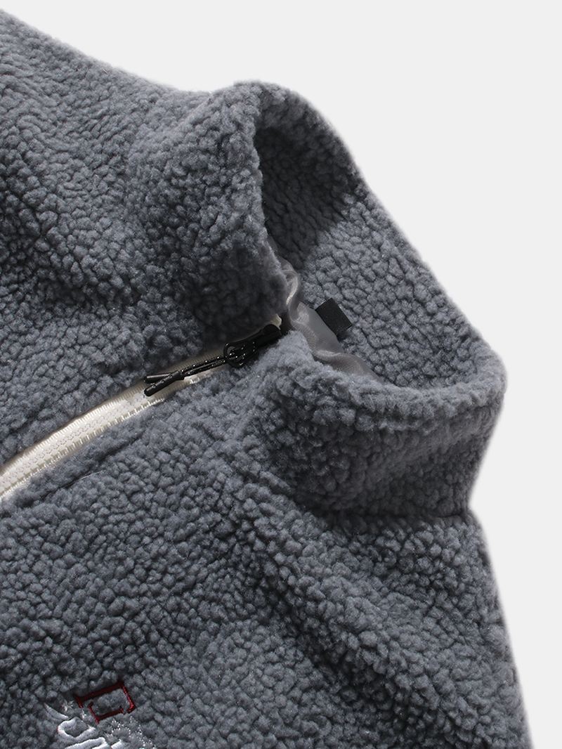 Herre Tofarvet Patchwork Brevbroderi Plys Lynlåsjakke