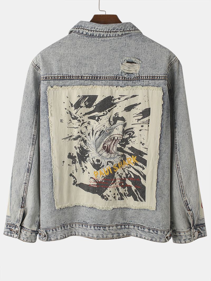 Herre Vintage Distressed Ripped Patch Casual Bomulds Denimjakke