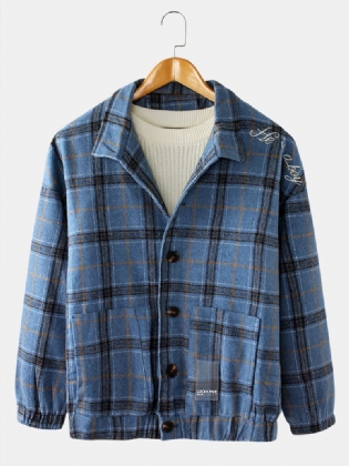 Herre Vintage Plaid Revers Ulden Langærmet Bodycon Hem Jakke Med Lomme