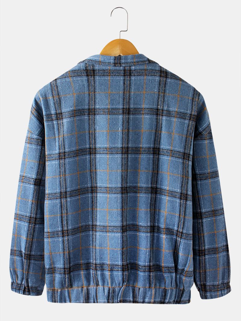 Herre Vintage Plaid Revers Ulden Langærmet Bodycon Hem Jakke Med Lomme