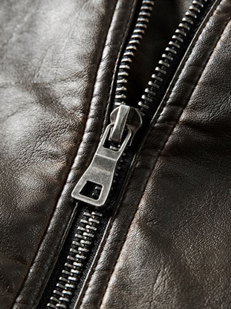 Herre Vintage Vasket Pu Læder Stand Collar Pocket Langærmet Jakke