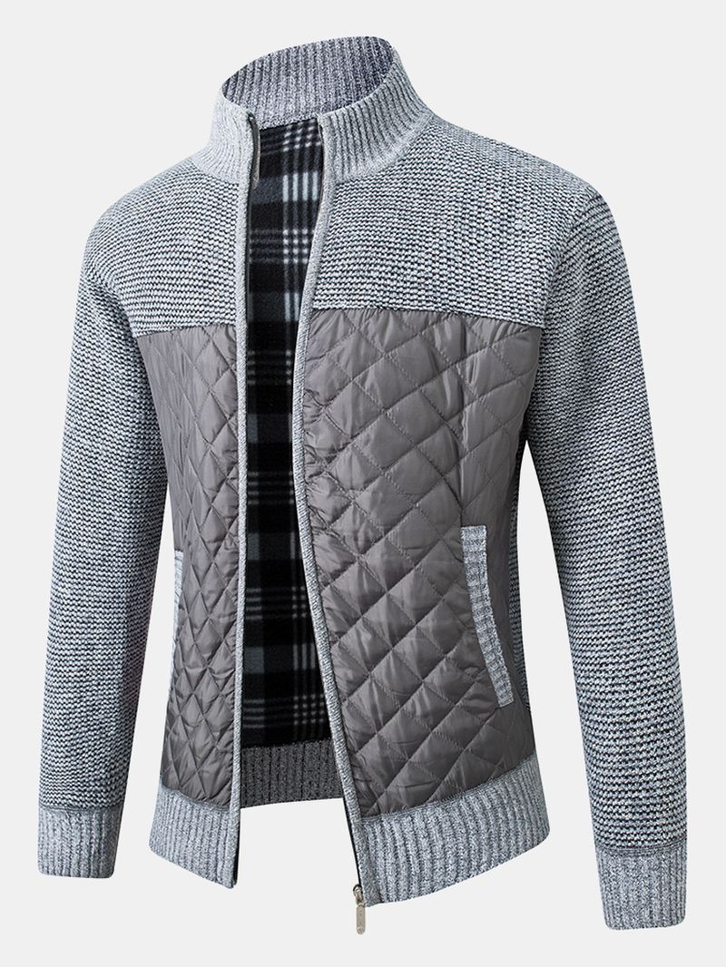 Herre Warm Patchwork Langærmet Lynlås Strikning Tyk Jakke Med Lomme