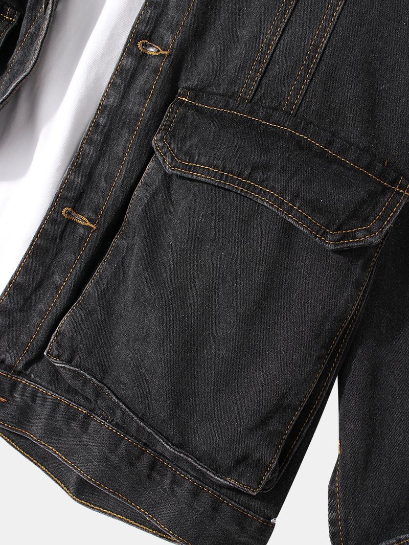 Herrebåndssyning Løs Udendørs Stilfuld Cargo-denimjakke Med Flaplomme