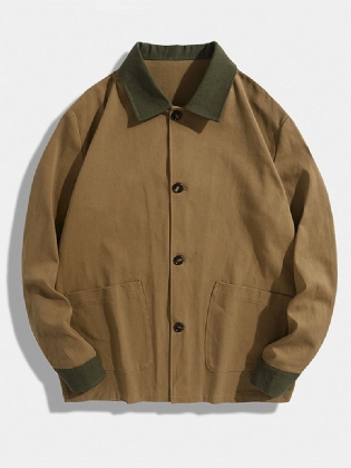Mænd Farve Blok Dobbelt Lommer Button Up Lapel Shirt Casual Jakker