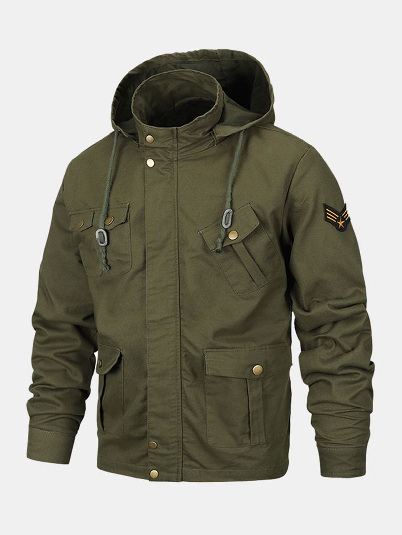 Mænd Multi-pocket Utility Bomuld Vasket Casual Cargo Jakke Med Aftagelig Hætte