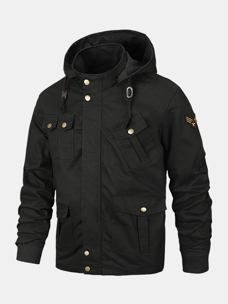 Mænd Multi-pocket Utility Bomuld Vasket Casual Cargo Jakke Med Aftagelig Hætte