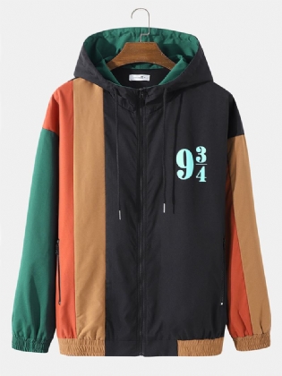 Mænd Patchwork Farve Blok Med Tryk Full Zip Pocket Hættetrøjer Windbreaker Jakker
