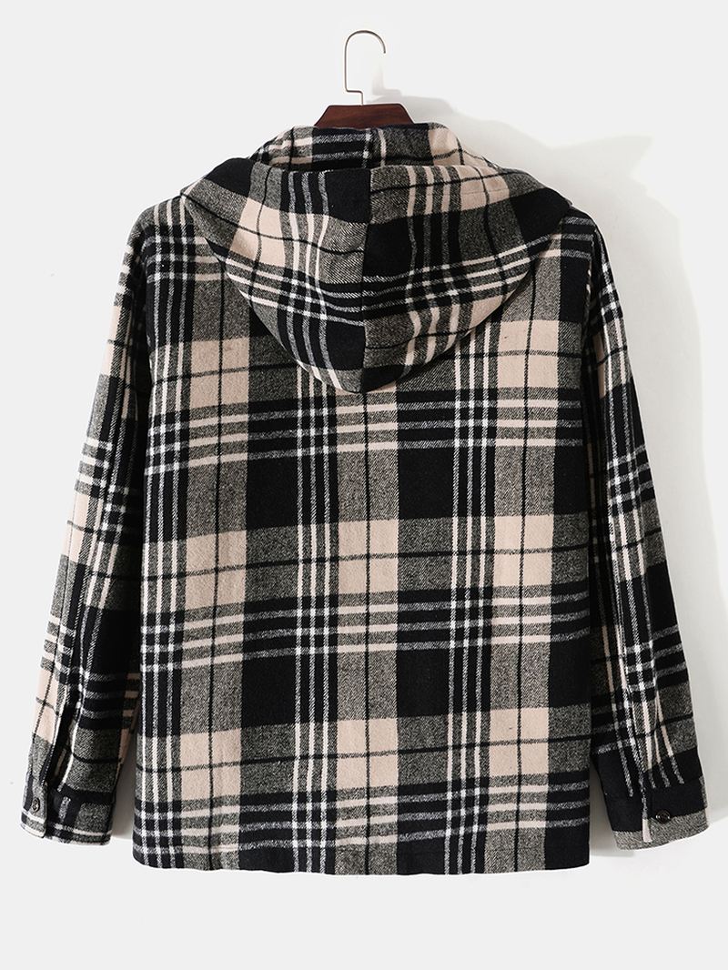 Mænd Plaid Lynlås Dobbeltlommer Knap Snøre Casual Langærmede Hættejakker