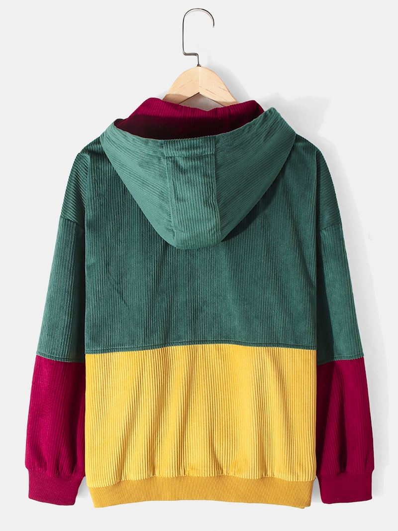 Vintage Colorblock Fløjlsøm Hættejakke Til Mænd