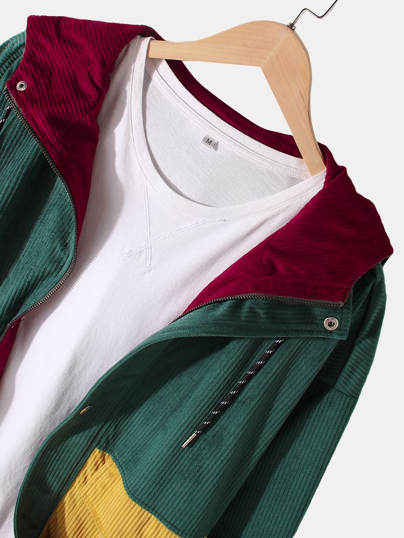Vintage Colorblock Fløjlsøm Hættejakke Til Mænd