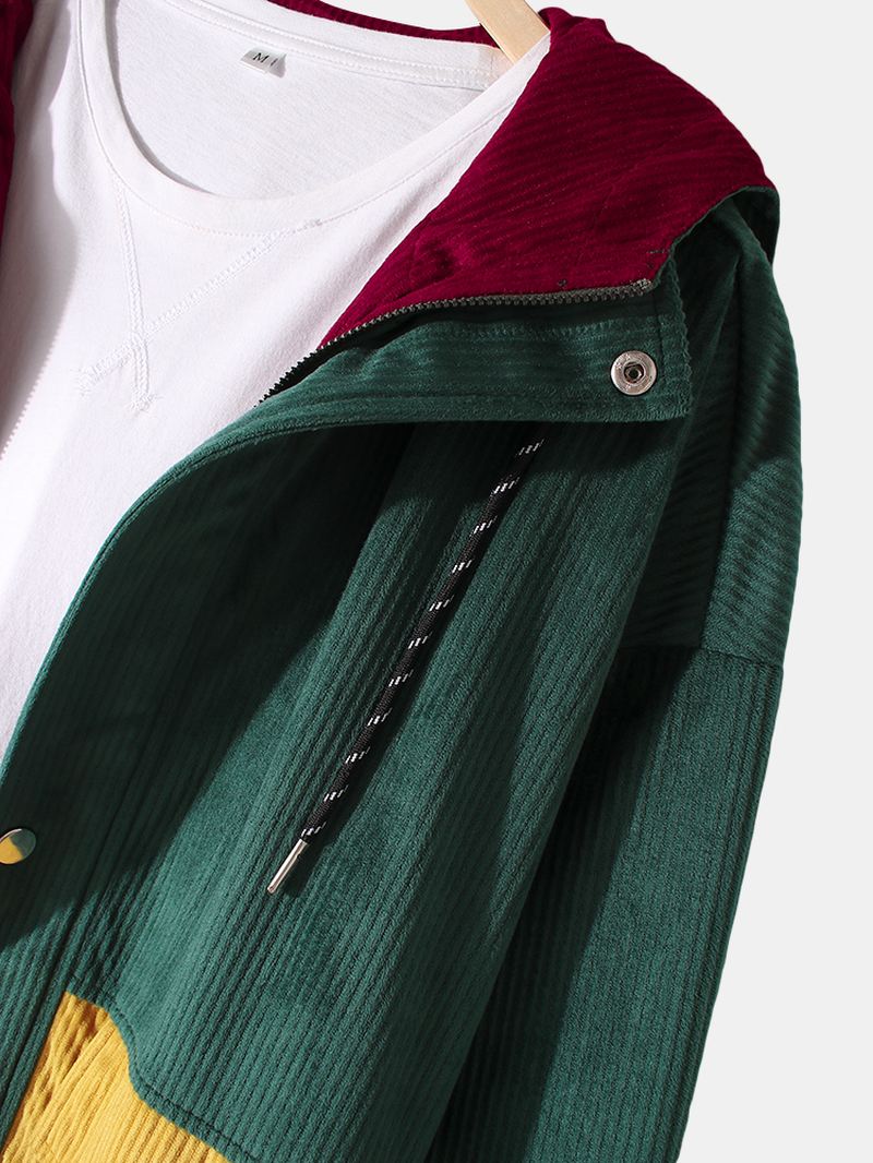 Vintage Colorblock Fløjlsøm Hættejakke Til Mænd