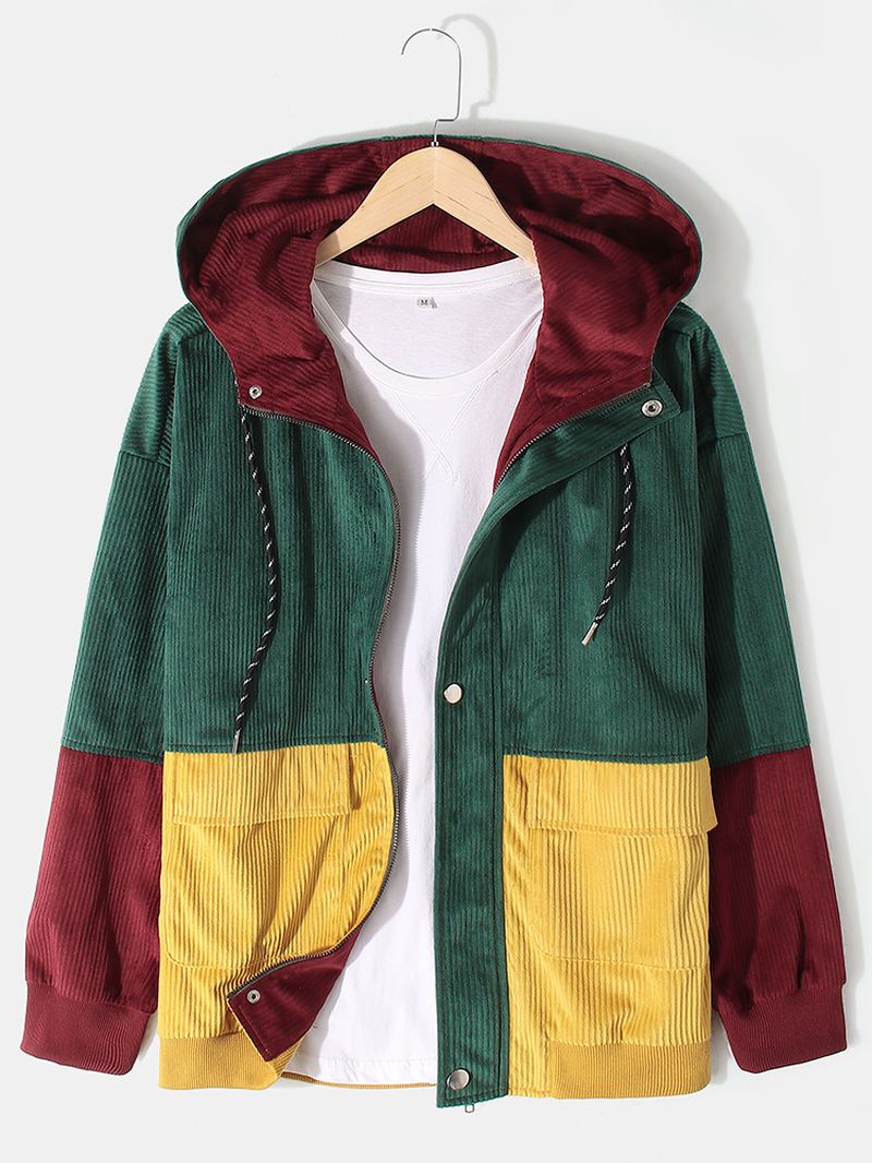 Vintage Colorblock Fløjlsøm Hættejakke Til Mænd
