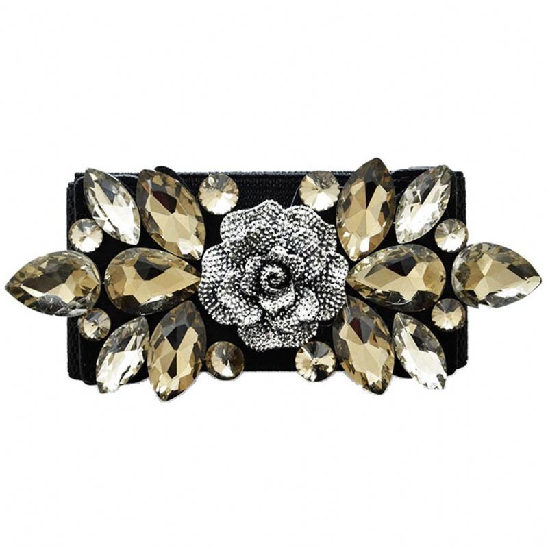 Bryllupsfest Kvinder Mode Blomsterspænde Rhinestone Elastisk Bred Clinch Bælte