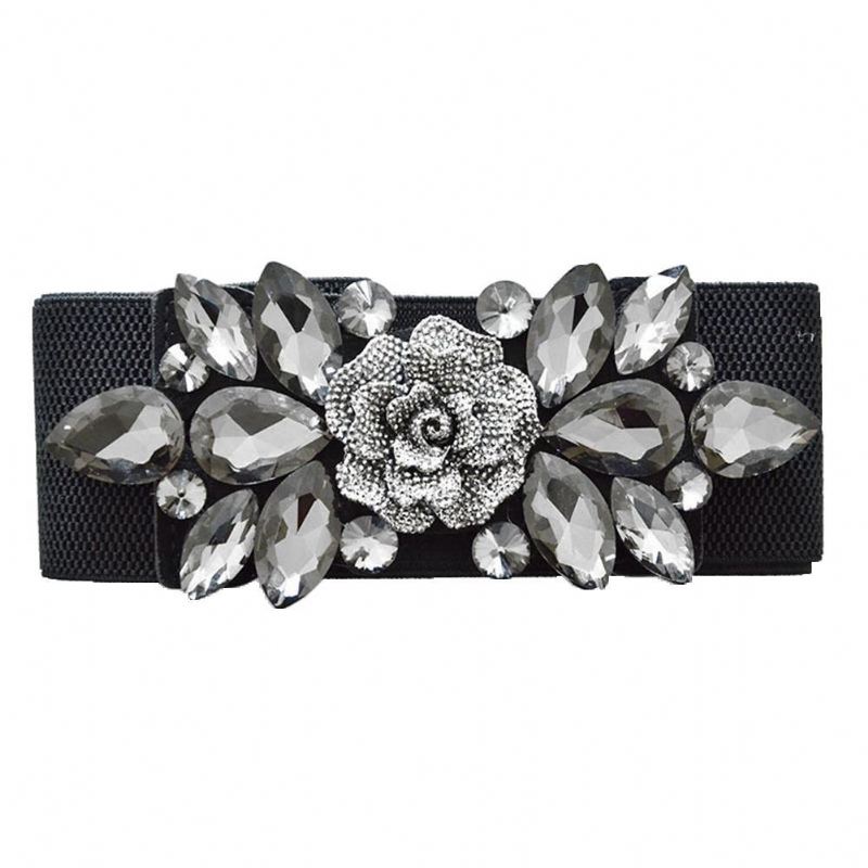 Bryllupsfest Kvinder Mode Blomsterspænde Rhinestone Elastisk Bred Clinch Bælte