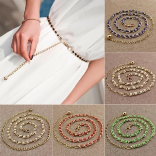 Kvinder Imiteret Perle Metal Tynd Talje Kæde Bælte Perle Binde Linning Strop Mode