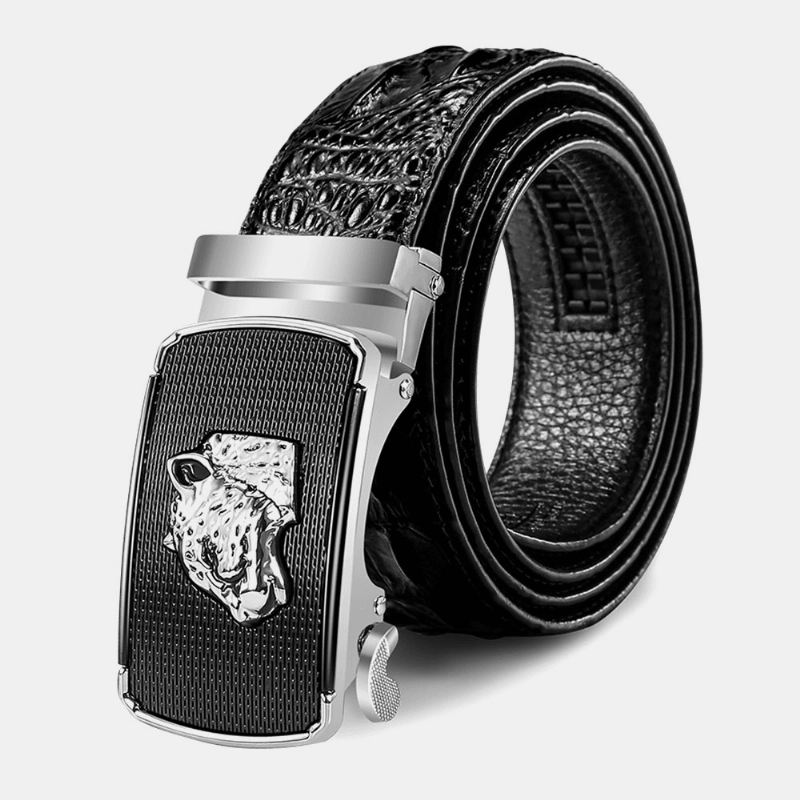 Mænd Ægte Læder Krokodille Mønster 125 cm Skralde Kjole Bælte Leopard Hoved Automatisk Spænde Business Jeans Jakkesæt Kohud Bælte