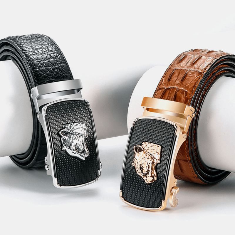 Mænd Ægte Læder Krokodille Mønster 125 cm Skralde Kjole Bælte Leopard Hoved Automatisk Spænde Business Jeans Jakkesæt Kohud Bælte