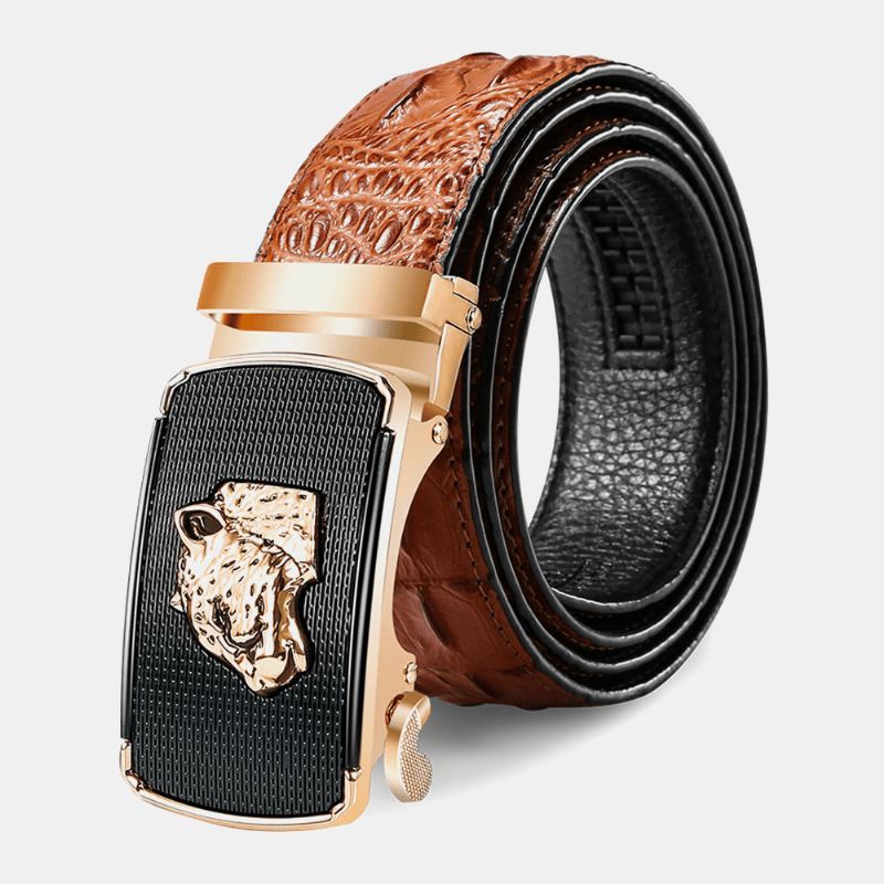 Mænd Ægte Læder Krokodille Mønster 125 cm Skralde Kjole Bælte Leopard Hoved Automatisk Spænde Business Jeans Jakkesæt Kohud Bælte