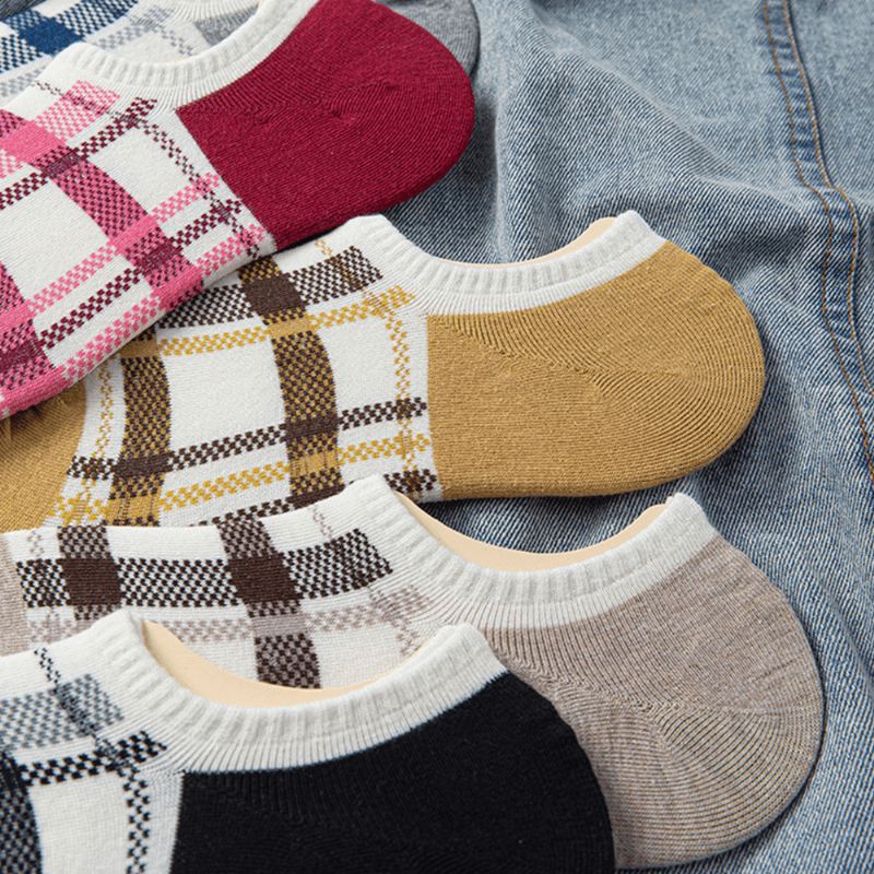 5 Par Kvinder Retro Plaid Mønster Ankel Sokker Med Lav Mund Mode Tynde Og Behagelige Bløde Åndbare Bådsokker