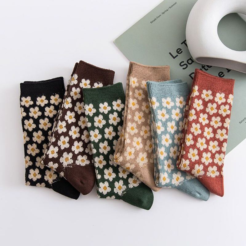 Kvinder Bomuld Britisk Stil Retro Blomstermønster Varme Afslappede Rør Sokker