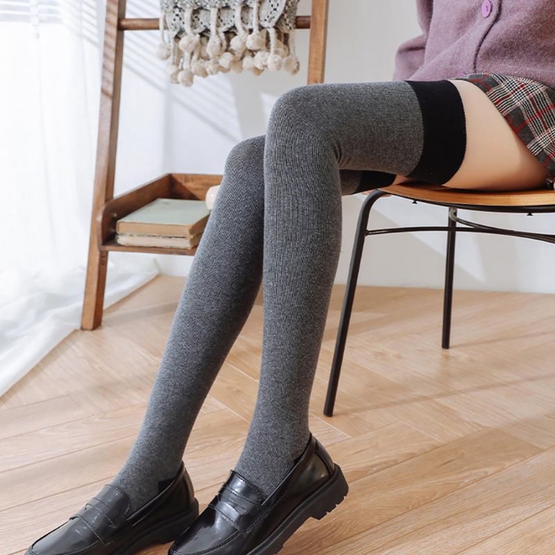 Kvinder Bomuld Casual Sød Kontrastfarve Fodsokker Over Knæ Leggings Lår Sokker Strømpe