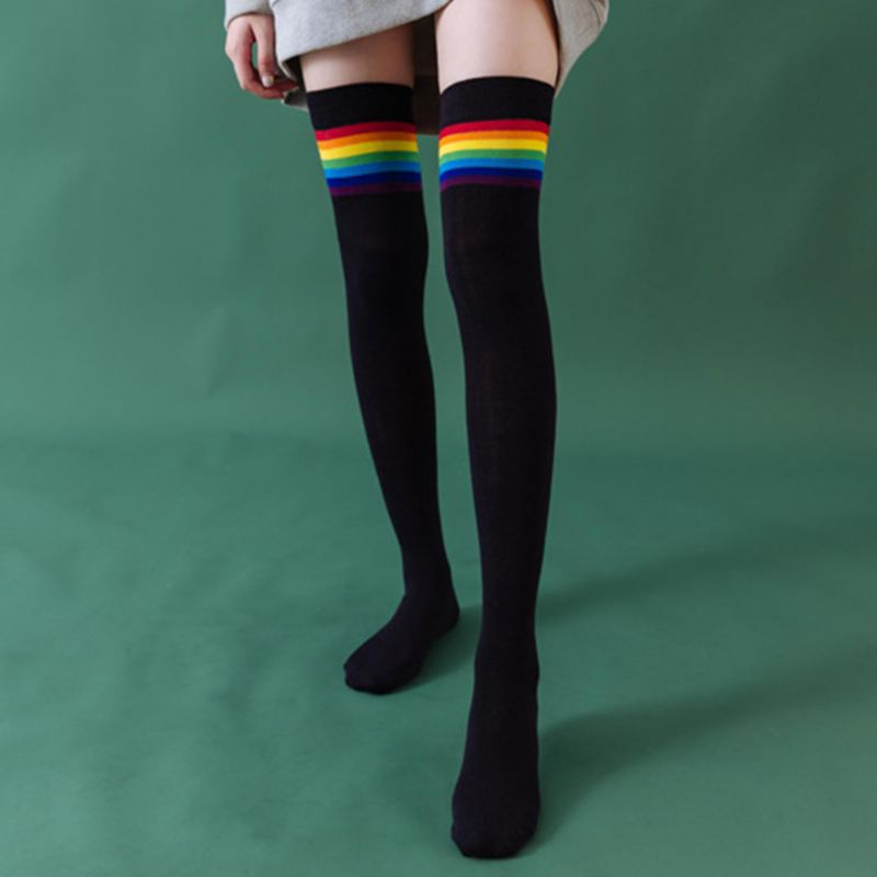 Kvinder Bomuld Regnbue Stribe Mønster Casual Universal Over Knæ Leggings Lårstrømper Strømper