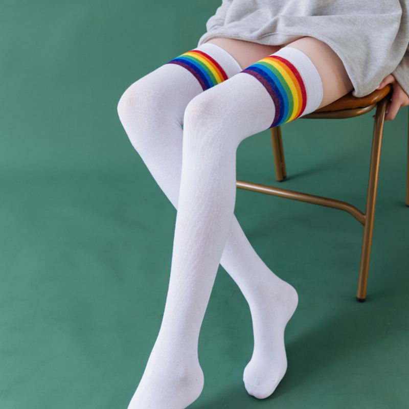 Kvinder Bomuld Regnbue Stribe Mønster Casual Universal Over Knæ Leggings Lårstrømper Strømper