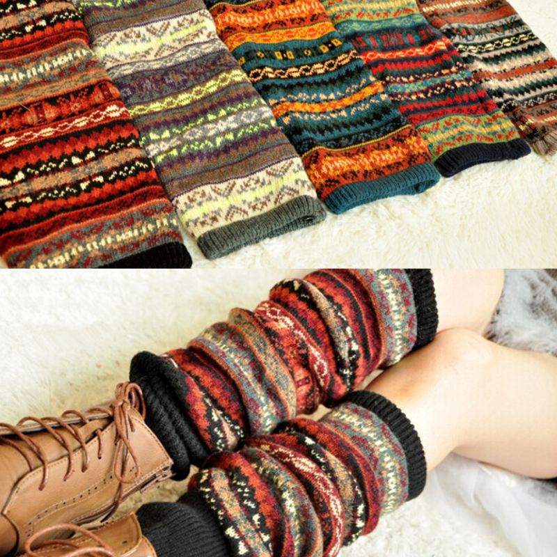 Kvinder Uld Plus Tykke Hold Varm Stribemønster Vinterstøvler Cover Leggings Sokker Strømper